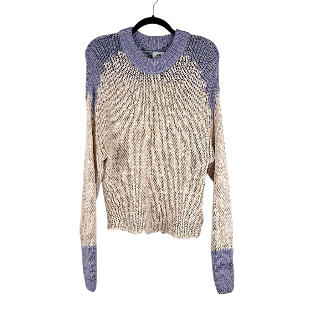 H&M Lavender & Cream Open Knit Crewneck Long Sleeve Sweater Size Small
